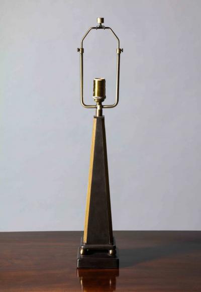 John McDevitt Pair of Pyramid Form Steel Table Lamps Gold Detail