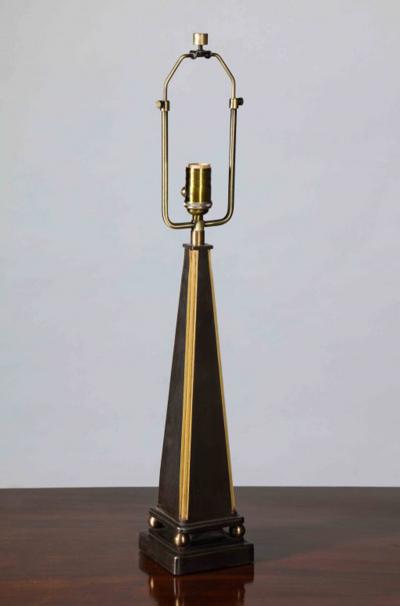 John McDevitt Pair of Pyramid Form Steel Table Lamps Gold Detail