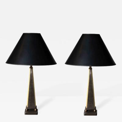 John McDevitt Pair of Pyramid Form Steel Table Lamps Gold Detail