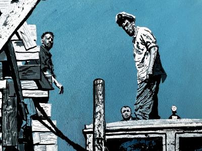 John R McDermott Pulp Magazine Marine Combat Scene Shoot Out in Blue Noir