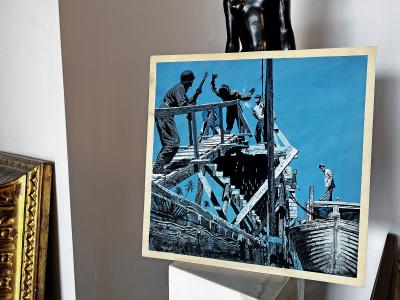 John R McDermott Pulp Magazine Marine Combat Scene Shoot Out in Blue Noir