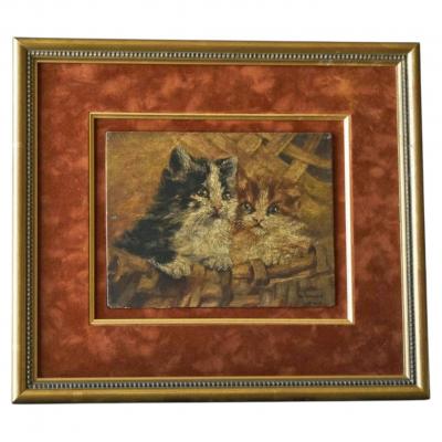 John Remmers Two Kittens in a Basket Oil on Panel Early 20th Century
