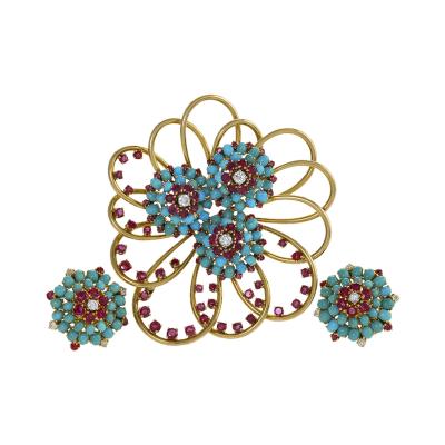 John Rubel John Rubel Ruby Diamond Turquoise Clip Brooch and Earrings Suit