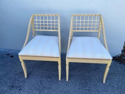 John Saladino John Saladino Lattice Wood Framed Sleigh Chairs Pair