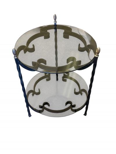 John Salterini MID CENTURY PAIR OF BLACK SCROLLED METAL DOUBLE TIER SIDE TABLES SMOKY GLASS