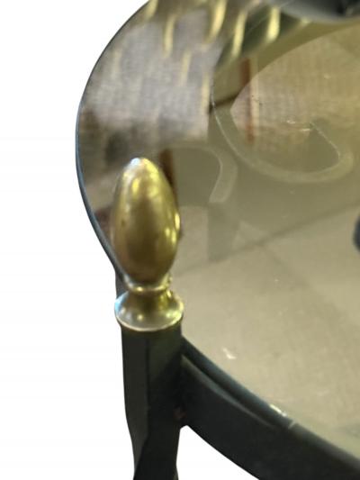 John Salterini MID CENTURY PAIR OF BLACK SCROLLED METAL DOUBLE TIER SIDE TABLES SMOKY GLASS