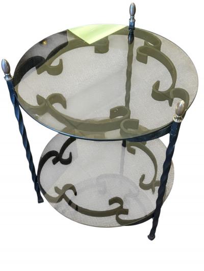 John Salterini MID CENTURY PAIR OF BLACK SCROLLED METAL DOUBLE TIER SIDE TABLES SMOKY GLASS