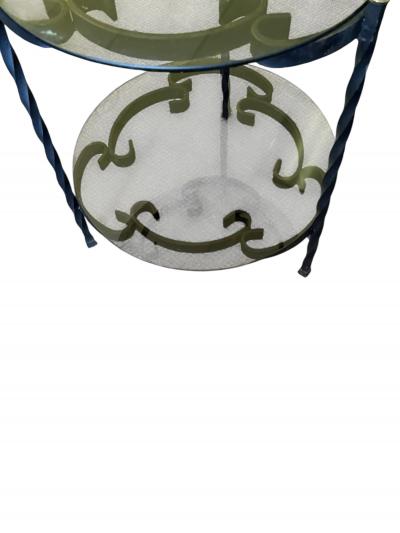 John Salterini MID CENTURY PAIR OF BLACK SCROLLED METAL DOUBLE TIER SIDE TABLES SMOKY GLASS