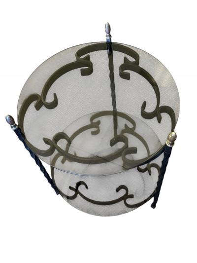 John Salterini MID CENTURY PAIR OF BLACK SCROLLED METAL DOUBLE TIER SIDE TABLES SMOKY GLASS