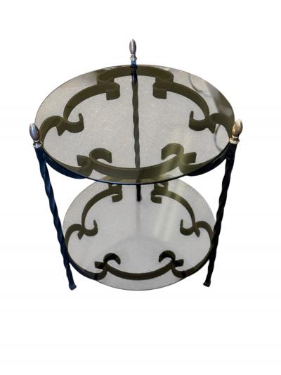 John Salterini MID CENTURY PAIR OF BLACK SCROLLED METAL DOUBLE TIER SIDE TABLES SMOKY GLASS