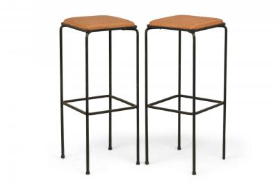 John Salterini Set of 4 Square Wrought Iron Frame Bar Stools manner of John Salterini 