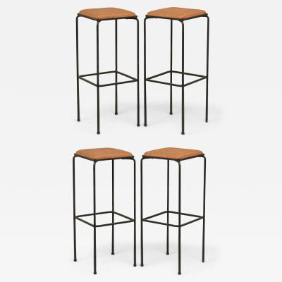 John Salterini Set of 4 Square Wrought Iron Frame Bar Stools manner of John Salterini 