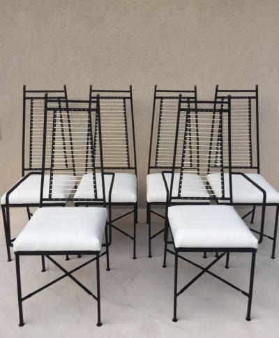 John Salterini Set of Six Salterini High Back Iron Bronze Top White Cord Dining Chairs