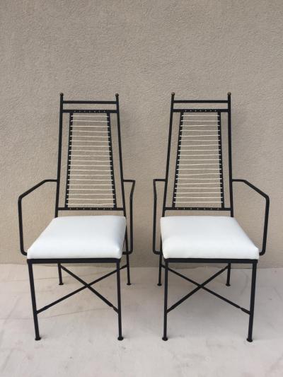 John Salterini Set of Six Salterini High Back Iron Bronze Top White Cord Dining Chairs