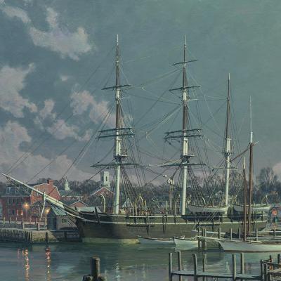John Stobart Mystic Seaport The Charles W Morgan at Chubbs Wharf by Moonlight