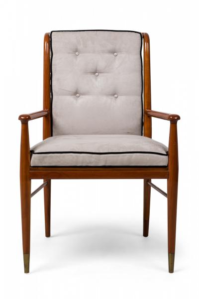 John Stuart John Stuart Walnut and Brass Gray Suede Upholstered Armchair