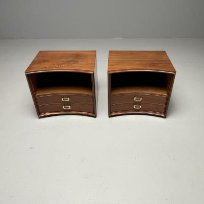 John Stuart Paul Frankl Mid Century Modern Concave Nightstands Walnut Brass USA 1950s