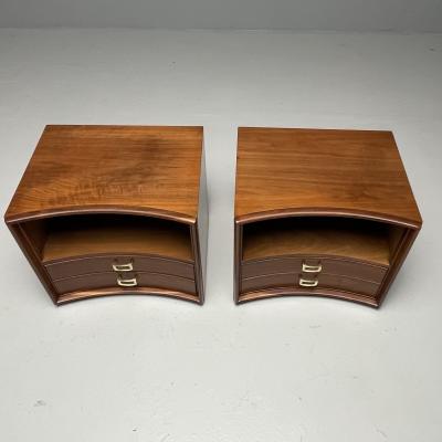 John Stuart Paul Frankl Mid Century Modern Concave Nightstands Walnut Brass USA 1950s