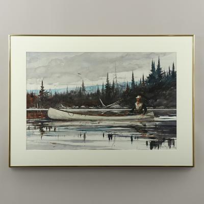 John Swan Man in a White Co Canoe Paddling on a Maine Lake