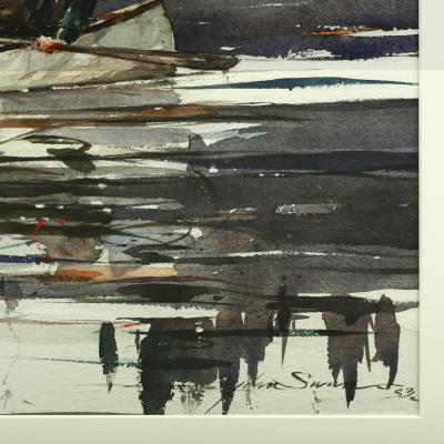 John Swan Man in a White Co Canoe Paddling on a Maine Lake