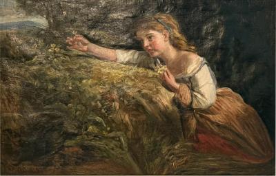 John Thomas Peele GIRL ON PRIMROSE BANK OIL PAINTING BY JOHN THOMAS PEELE