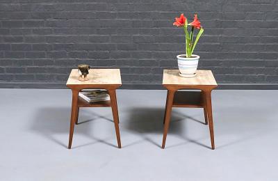 John Van Koert John Van Koert Profile Travertine Top Side Tables for Drexel