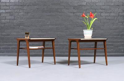 John Van Koert John Van Koert Profile Travertine Top Side Tables for Drexel