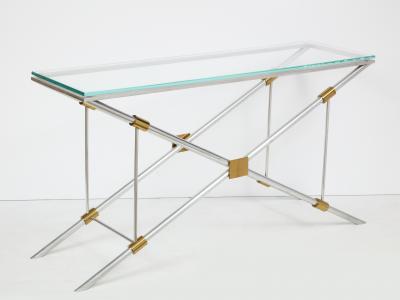 John Vesey Console Table Polished Aluminum with Brass Trim by John Vesey