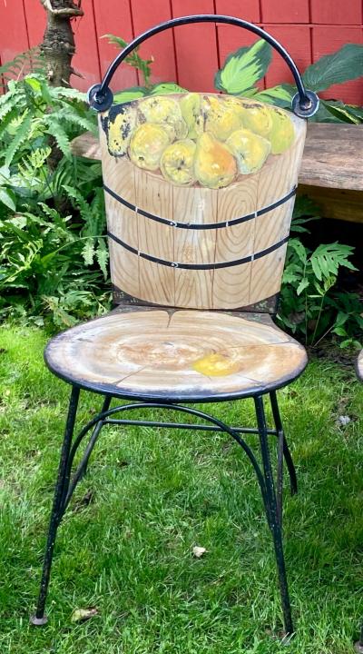 John Vesey Set of Two John Vesey Hand Painted Iron and Steel Garden Chairs with Fruits