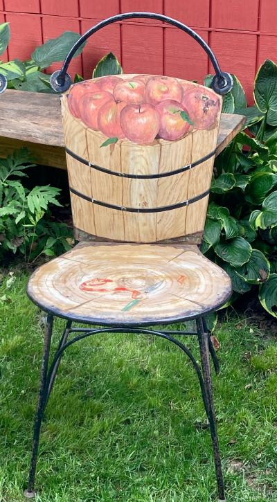 John Vesey Set of Two John Vesey Hand Painted Iron and Steel Garden Chairs with Fruits