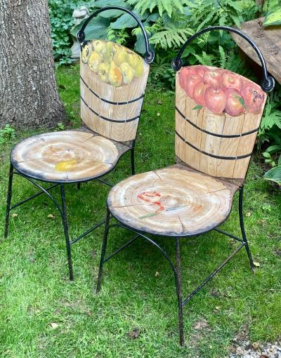 John Vesey Set of Two John Vesey Hand Painted Iron and Steel Garden Chairs with Fruits