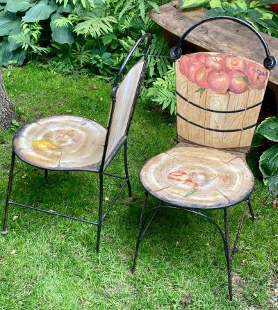 John Vesey Set of Two John Vesey Hand Painted Iron and Steel Garden Chairs with Fruits