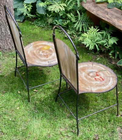 John Vesey Set of Two John Vesey Hand Painted Iron and Steel Garden Chairs with Fruits
