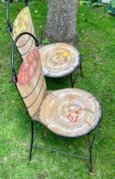 John Vesey Set of Two John Vesey Hand Painted Iron and Steel Garden Chairs with Fruits