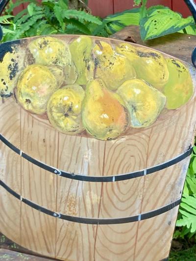 John Vesey Set of Two John Vesey Hand Painted Iron and Steel Garden Chairs with Fruits