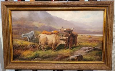 John W Morris Pair of 19C Oils on Canvas of Highland Cattle by John W Morris