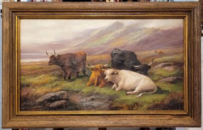 John W Morris Pair of 19C Oils on Canvas of Highland Cattle by John W Morris
