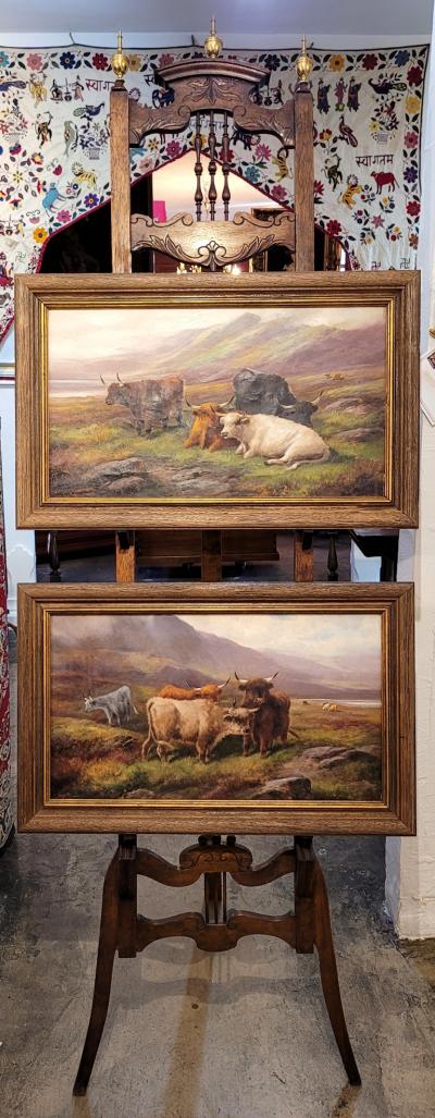 John W Morris Pair of 19C Oils on Canvas of Highland Cattle by John W Morris