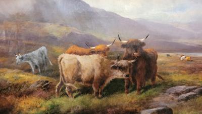 John W Morris Pair of 19C Oils on Canvas of Highland Cattle by John W Morris