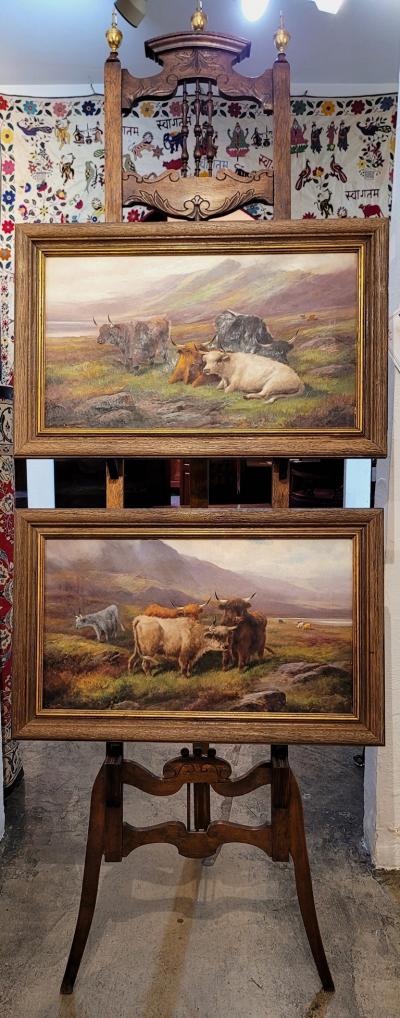 John W Morris Pair of 19C Oils on Canvas of Highland Cattle by John W Morris