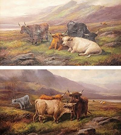 John W Morris Pair of 19C Oils on Canvas of Highland Cattle by John W Morris