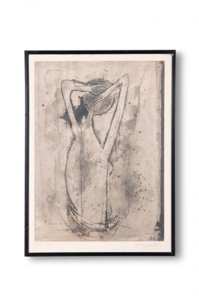 Johnny Friedlaender Etching La Coiffure Nude Woman Hairdressing in Shower 1955