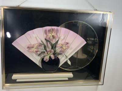 Jon Gilmore 1980s FLOWER ON VASE ON CONSOLE WITH MIRROR LUCITE DIORAMA WALL HANGING