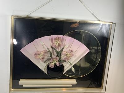 Jon Gilmore 1980s FLOWER ON VASE ON CONSOLE WITH MIRROR LUCITE DIORAMA WALL HANGING