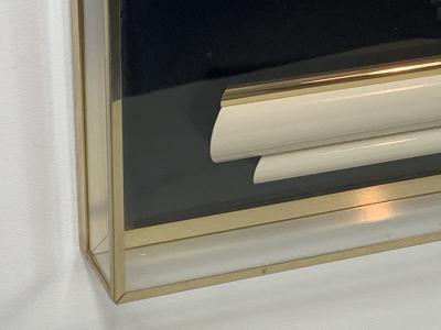 Jon Gilmore 1980s FLOWER ON VASE ON CONSOLE WITH MIRROR LUCITE DIORAMA WALL HANGING