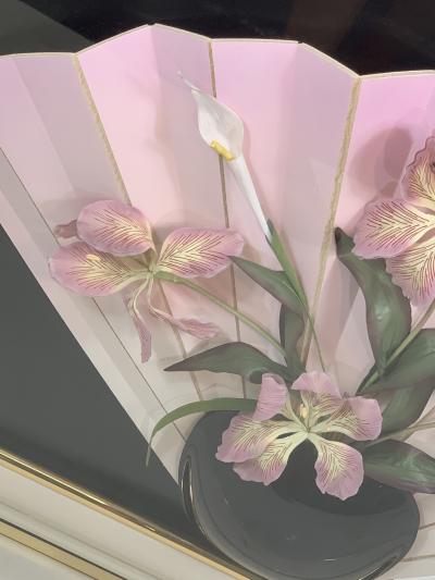 Jon Gilmore 1980s FLOWER ON VASE ON CONSOLE WITH MIRROR LUCITE DIORAMA WALL HANGING