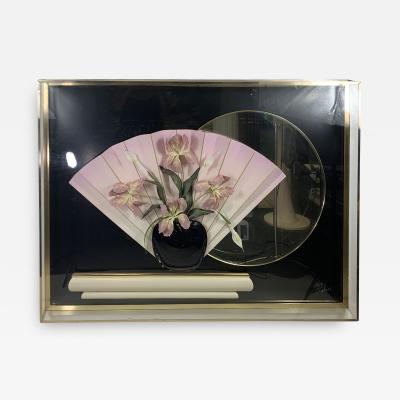 Jon Gilmore 1980s FLOWER ON VASE ON CONSOLE WITH MIRROR LUCITE DIORAMA WALL HANGING