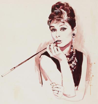 Jon Whitcomb Audrey Hepburn Portrait from Breakfast at Tiffany original artwork on paper