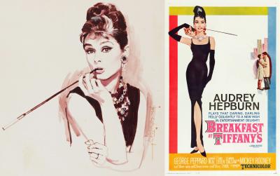 Jon Whitcomb Audrey Hepburn Portrait from Breakfast at Tiffany original artwork on paper