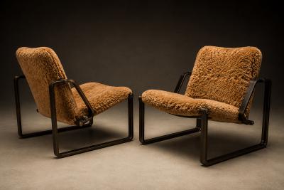 Jorge Zalszupin Pair of Brazilian Modern Lounge Chairs in Camel Shearling Darkened Brass Steel